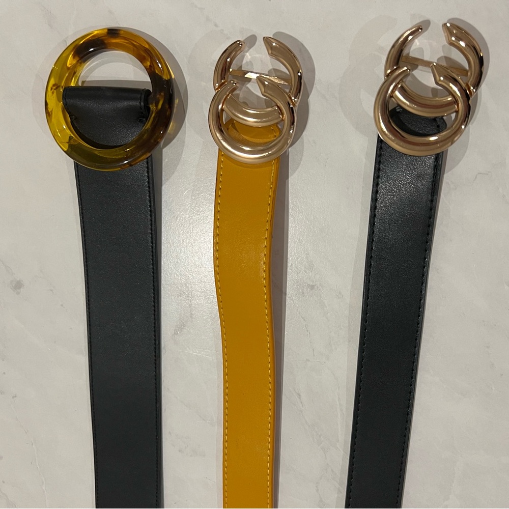 Set of 3 Women's Leather Belt Set - Black/gold, Yellow/gold, Torroise Shell